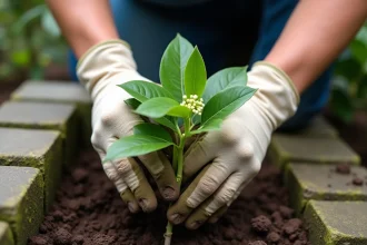 Plantation d'un oranger du Mexique (Choisya ternata) dans un jardin avec sol riche et bordure en pierre