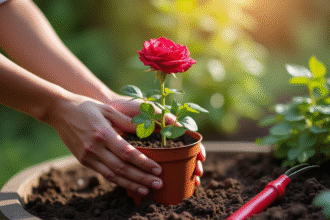 Main plantant un rosier dans un pot en extérieur