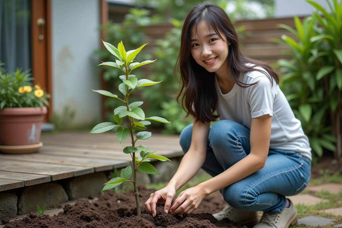 Jeune femme plantant un petit niwaki dans un jardin domestique