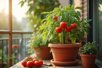 Plant de tomates mûres dans un pot en terre cuite sur balcon ensoleille