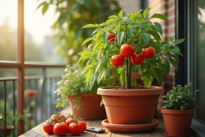Plant de tomates mûres dans un pot en terre cuite sur balcon ensoleille
