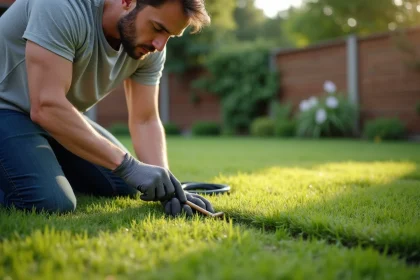 Homme posant le câble périphérique d'un robot tondeuse Kress dans le jardin avec des piquets de fixation