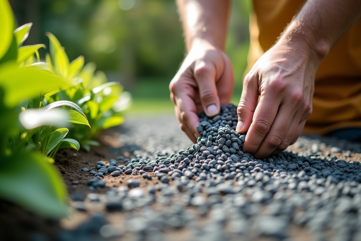 Main de jardinier posant du gravier sur des plantes vertes