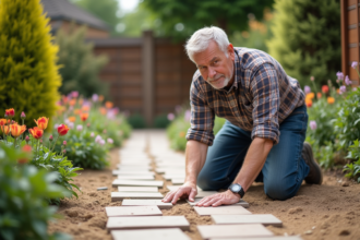 Homme posant des dalles de jardin avec concentration