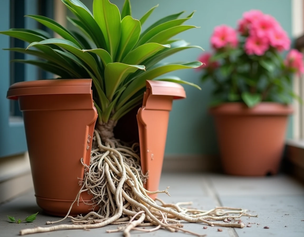Pot en plastique déformé par les racines envahissantes d'un laurier rose, avec des racines s'échappant par les trous de drainage
