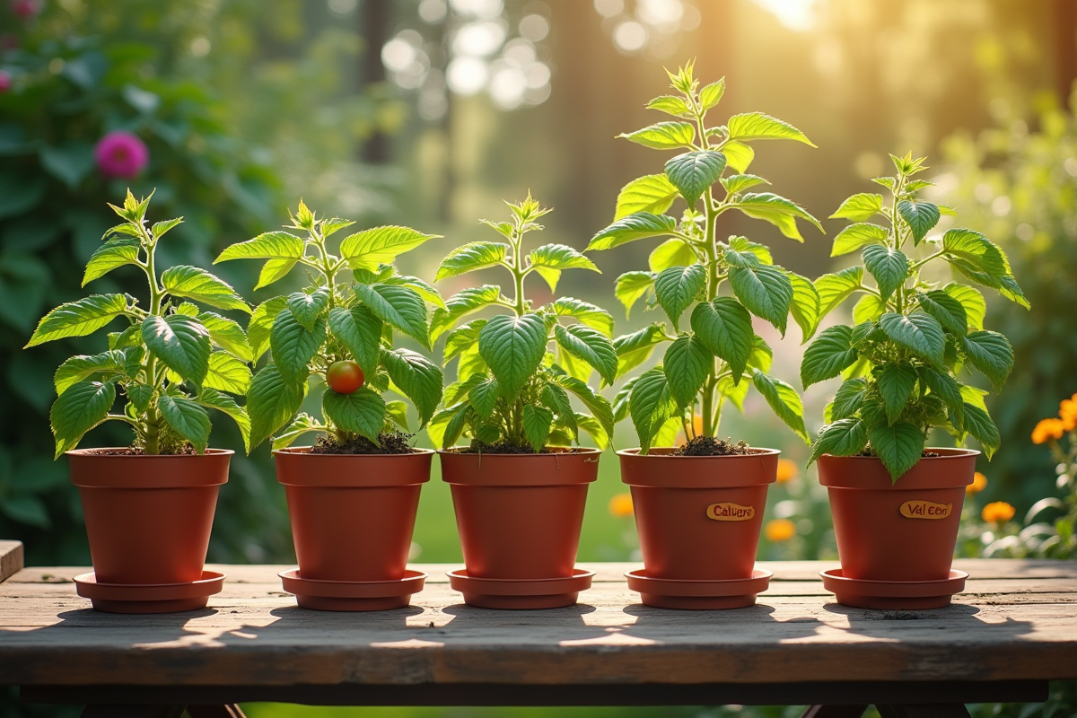Plusieurs plants de tomates en pots differents sur table en plein air