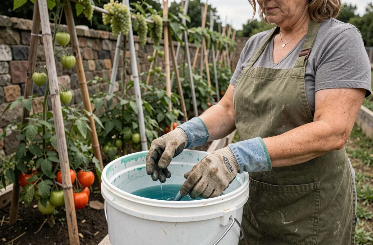 Jardinière amateur préparant de la bouillie bordelaise dans un seau bleu au potager