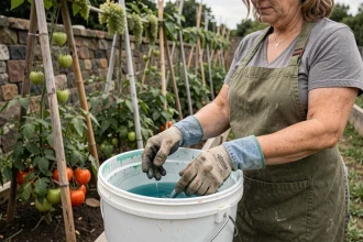 Jardinière amateur préparant de la bouillie bordelaise dans un seau bleu au potager