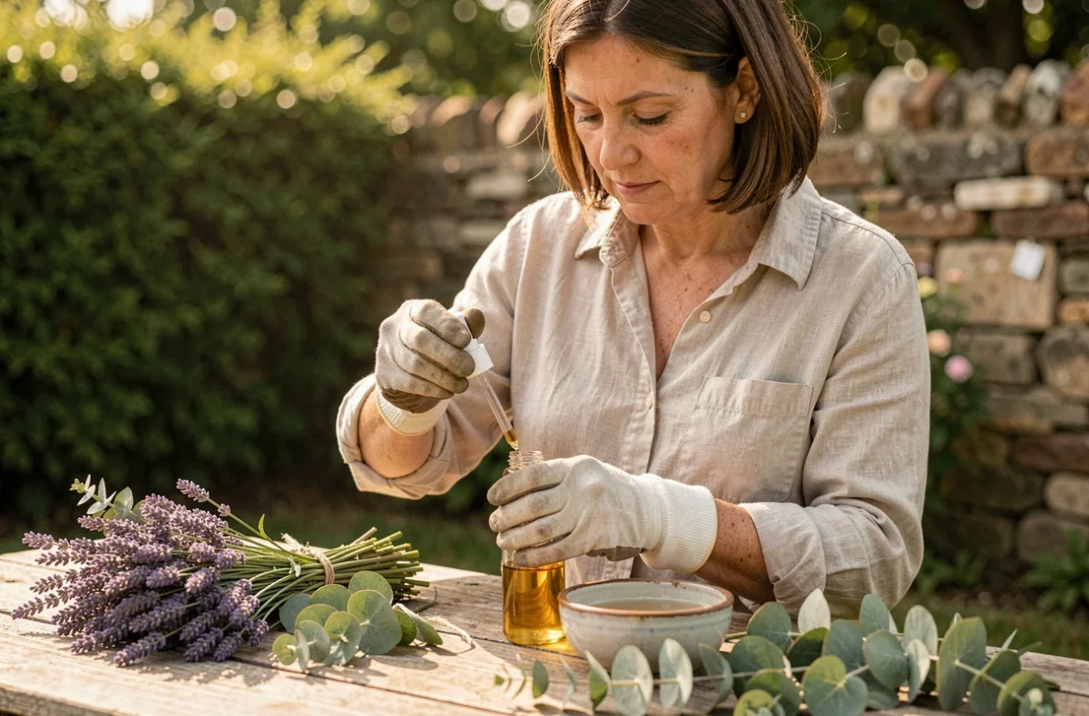 Femme préparant un répulsif anti-taon maison avec des huiles essentielles et du vinaigre de cidre sur une table en bois extérieure entourée de plantes naturelles
