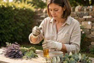 Femme préparant un répulsif anti-taon maison avec des huiles essentielles et du vinaigre de cidre sur une table en bois extérieure entourée de plantes naturelles