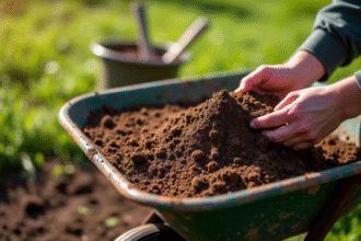Main mélangeant terre et compost dans une brouette en plein air