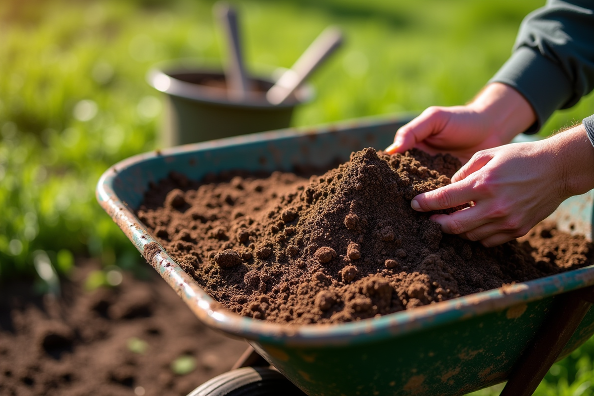 Main mélangeant terre et compost dans une brouette en plein air