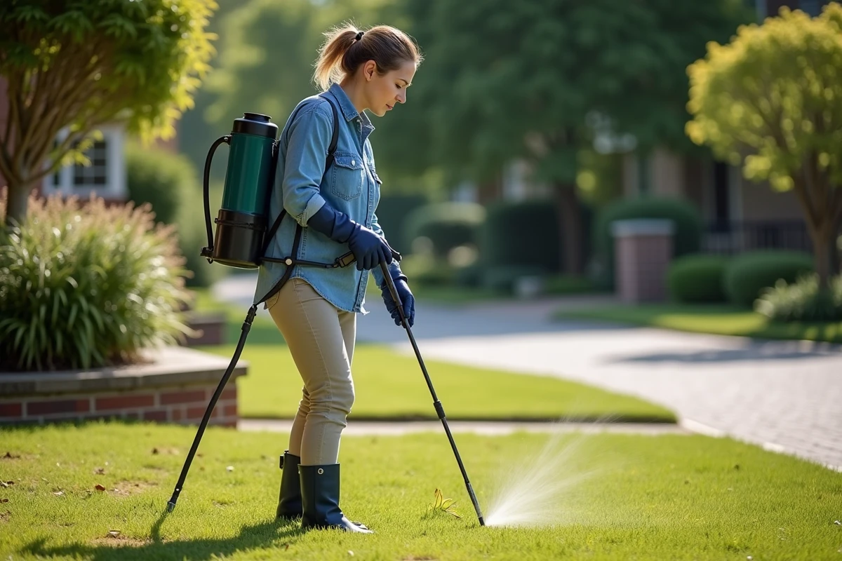 Femme utilisant un pulvérisateur à main pour appliquer un désherbant sélectif liquide sur une pelouse