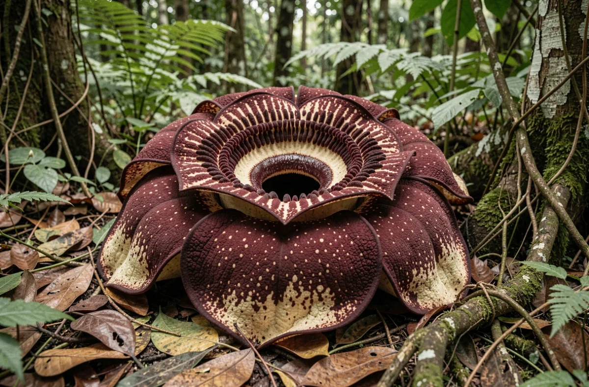 Fleur de Rafflesia arnoldii en pleine floraison sur le sol de la forêt tropicale de Sumatra, montrant ses pétales bordeaux mouchetés et son puits central caractéristique
