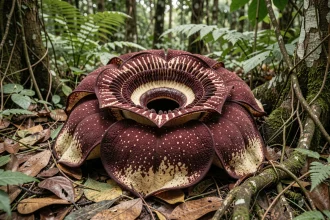 Fleur de Rafflesia arnoldii en pleine floraison sur le sol de la forêt tropicale de Sumatra, montrant ses pétales bordeaux mouchetés et son puits central caractéristique