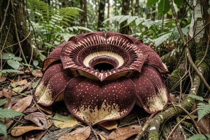 Fleur de Rafflesia arnoldii en pleine floraison sur le sol de la forêt tropicale de Sumatra, montrant ses pétales bordeaux mouchetés et son puits central caractéristique