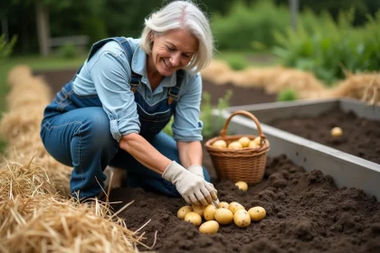 Femme récoltant des pommes de terre sous paillage de paille dans un potager en été