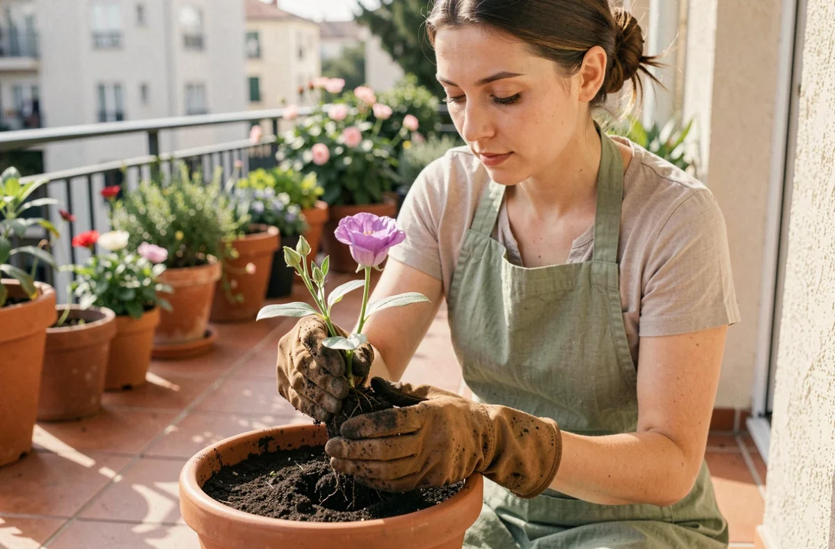 Femme débutante en jardinage rempotant un jeune plant de lisianthus dans un pot en céramique sur un balcon ensoleillé avec tablier vert et gants de jardinage