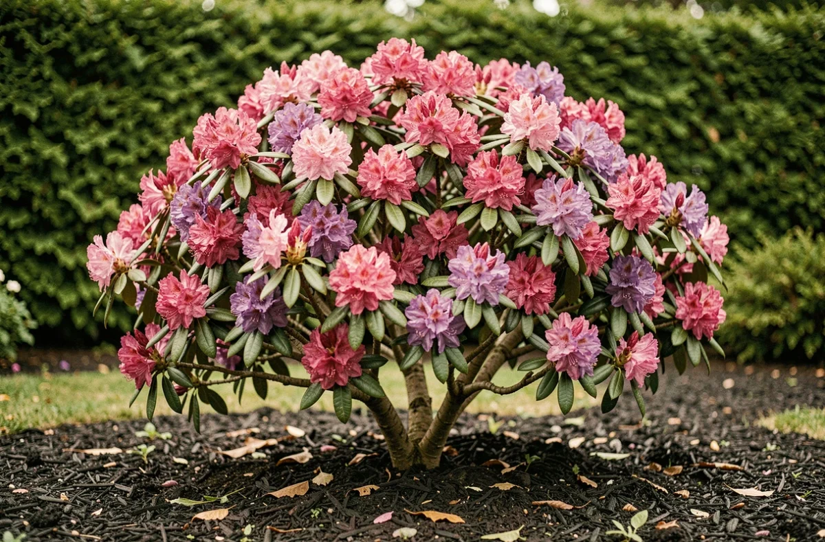 Rhododendron en pleine floraison avec fleurs roses et violettes dans un sol acide bien mulché au jardin