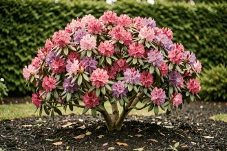 Rhododendron en pleine floraison avec fleurs roses et violettes dans un sol acide bien mulché au jardin