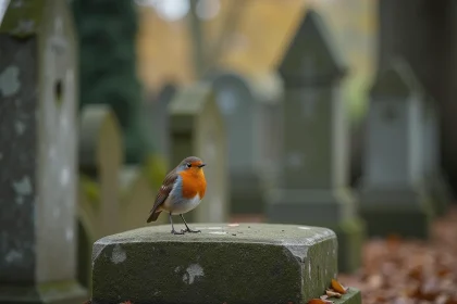 Rouge-oriol sur pierre tombale dans un cimetière calme