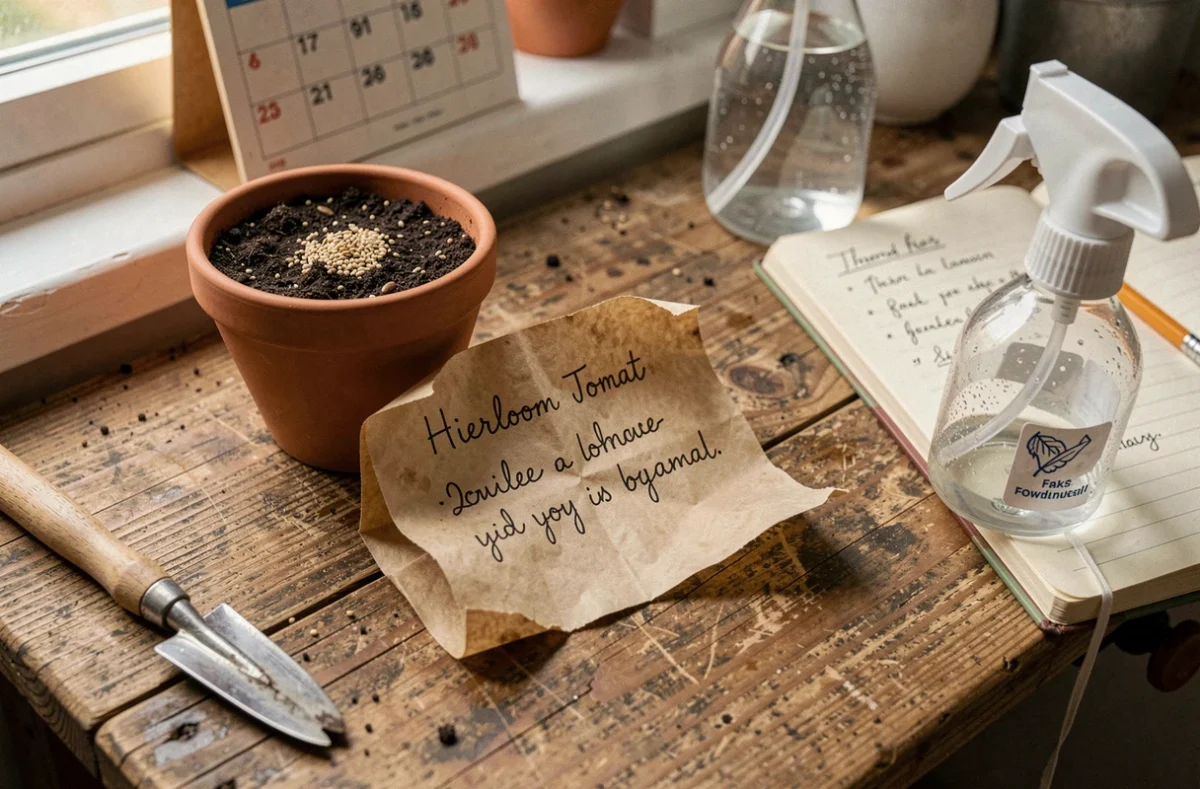 Sachet de graines de tomates anciennes manuscrit posé sur un établi de jardinage avec terreau et outils de semis