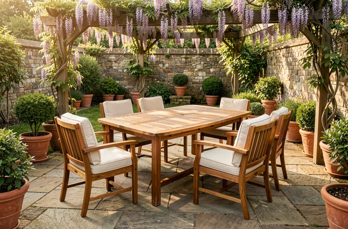 Salon de jardin en bois teck avec table rectangulaire et six fauteuils sur terrasse en pierre, entouré de plantes vertes et d'une pergola fleurie