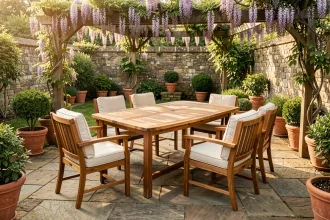 Salon de jardin en bois teck avec table rectangulaire et six fauteuils sur terrasse en pierre, entouré de plantes vertes et d'une pergola fleurie