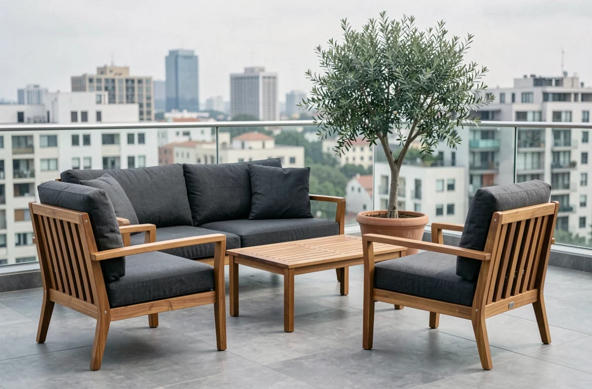 Salon de jardin teck lounge avec canapé et fauteuils bas sur terrasse urbaine contemporaine, coussins gris anthracite et vue dégagée sur la ville