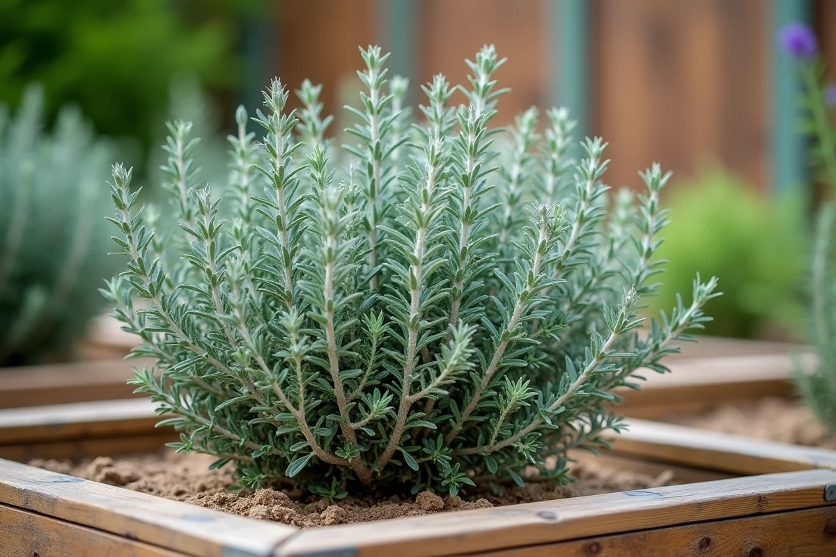 Sauge arbustive taillée avec nouvelle pousse printanière dans un jardin d'herbes aromatiques