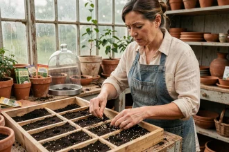 Femme semant des graines de tomates anciennes dans des plateaux de terreau sur un établi de serre rustique