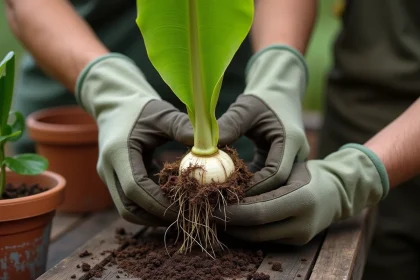 Mains de jardinier séparant un rejet de bananier avec des racines visibles sur une table de rempotage en bois