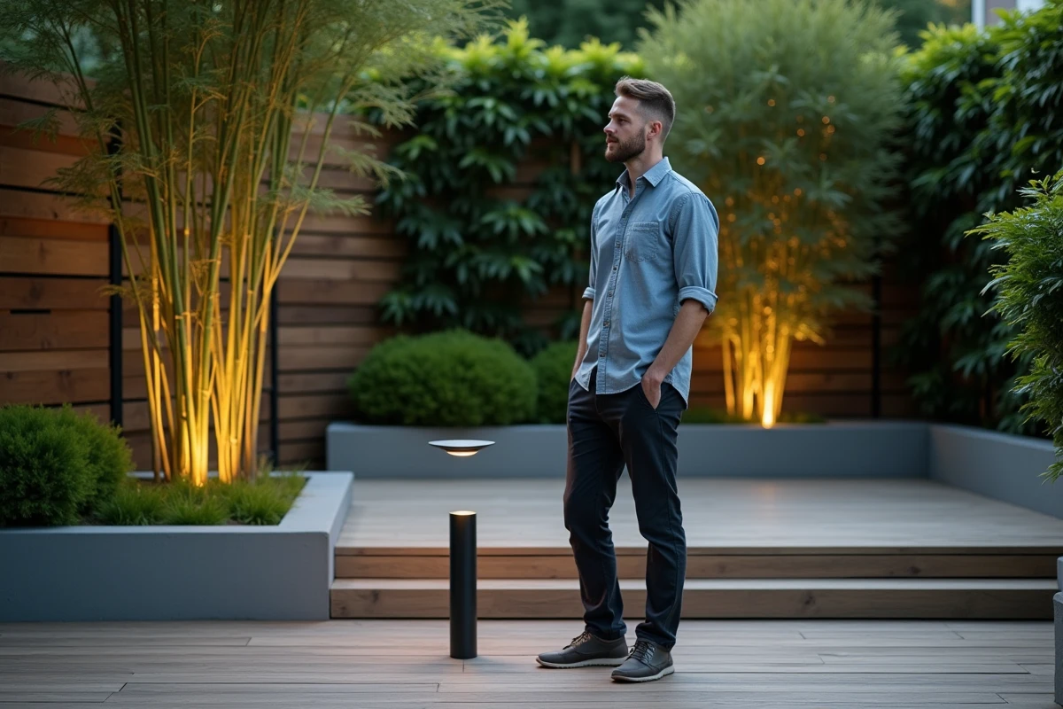 Homme inspectant un spot LED encastré au pied d'un bambou dans un jardin contemporain avec terrasse en bois