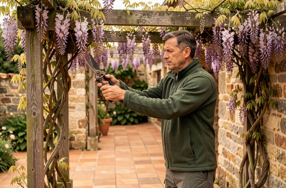 Professionnel de S.T Paysage taillant une glycine sur une pergola dans un jardin en Charente