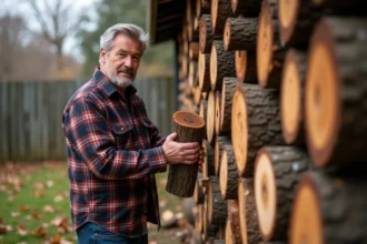 Homme d'âge moyen empilant du bois dans un jardin rural