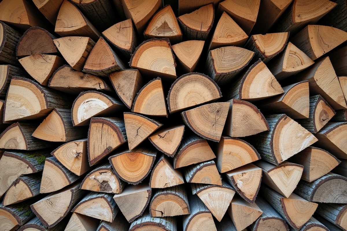 Gros plan sur les sections de bûches de différentes essences de bois empilées en stère, montrant cernes et texture de séchage