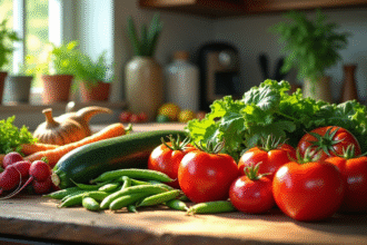 Table rustique avec légumes de juin fraîchement récoltés