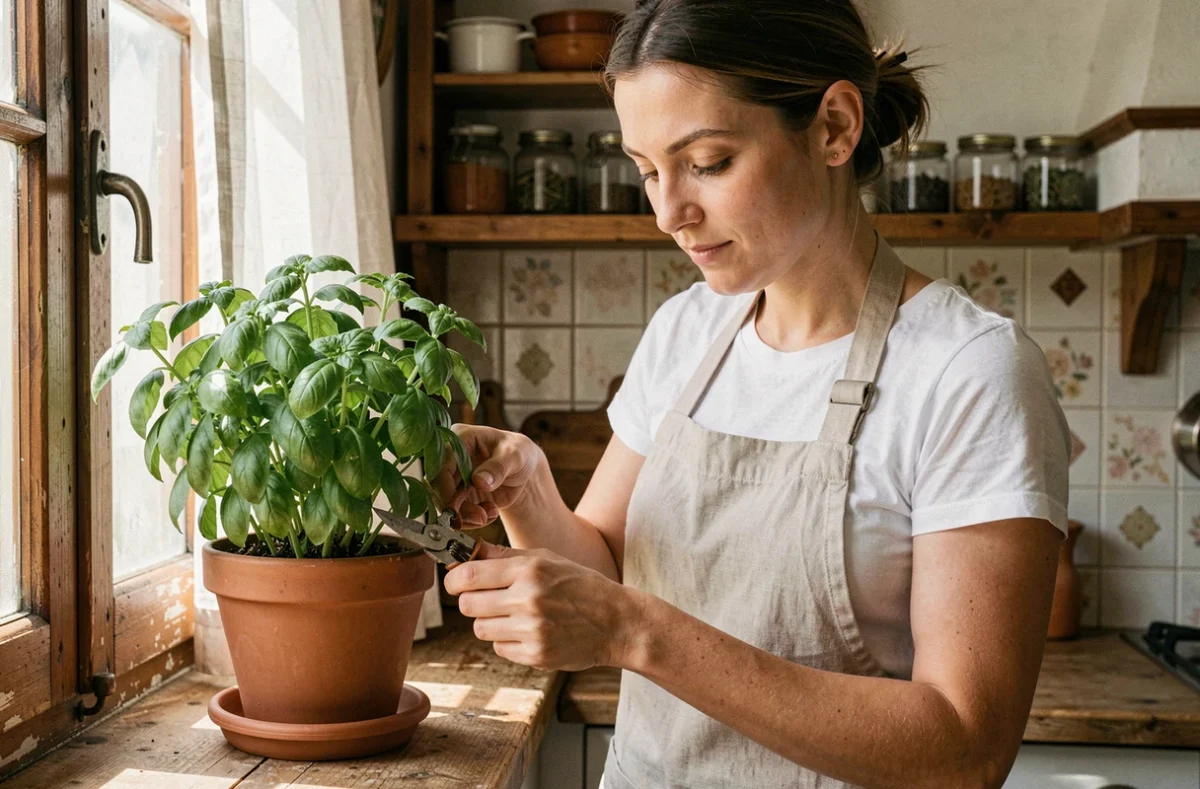 Femme taillant du basilic en pot sur un rebord de fenêtre de cuisine avec des ciseaux de jardinage, guide pratique pour débutants