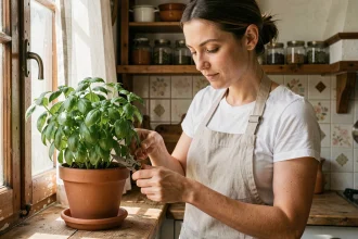Femme taillant du basilic en pot sur un rebord de fenêtre de cuisine avec des ciseaux de jardinage, guide pratique pour débutants