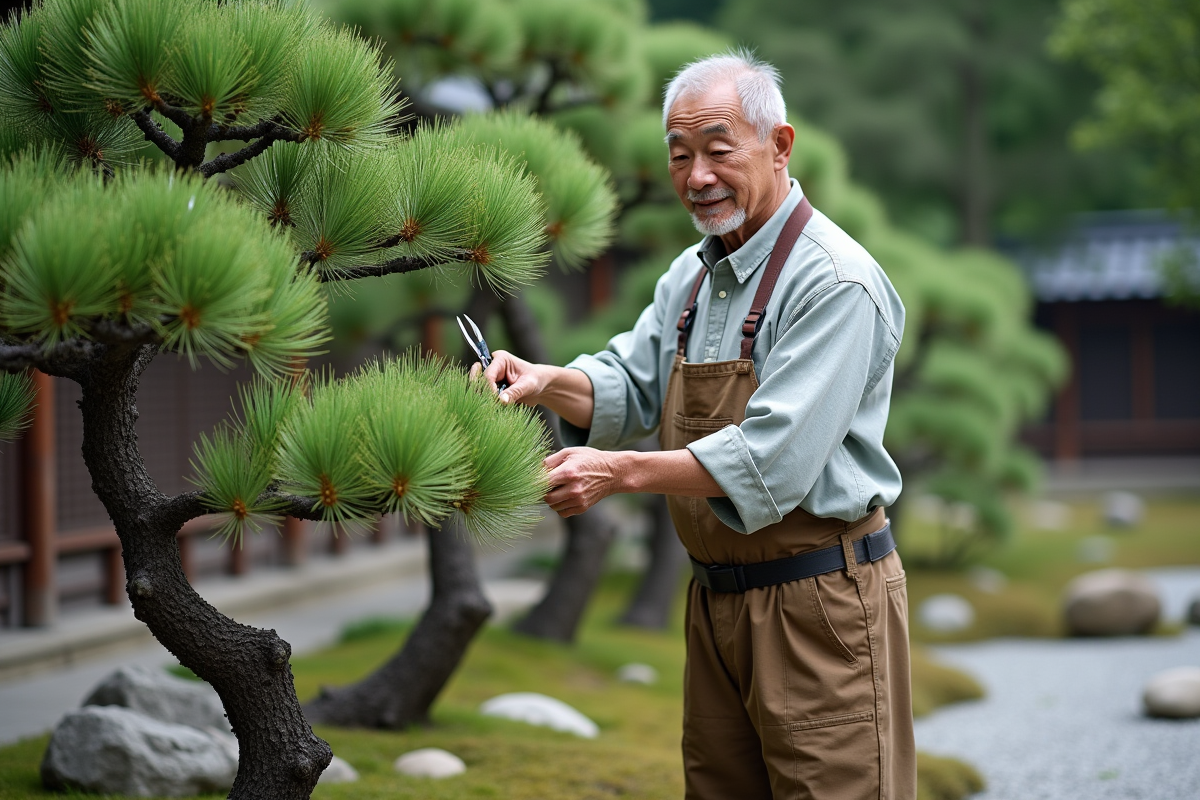 Jardinier japonais taillant un niwaki mature dans un jardin traditionnel