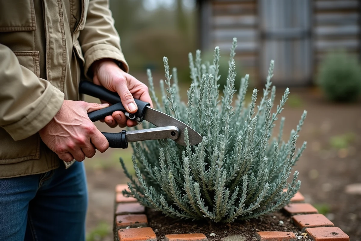 Taille radicale d'une sauge ligneuse en fin d'hiver par un jardinier expérimenté