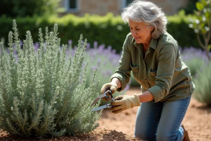 Jardinière taillant une sauge arbustive avec un sécateur dans un jardin provençal en été