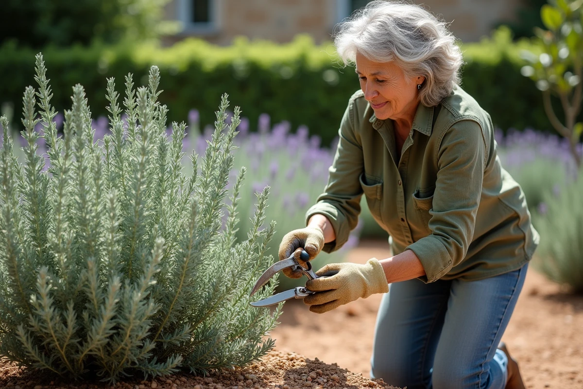 Jardinière taillant une sauge arbustive avec un sécateur dans un jardin provençal en été