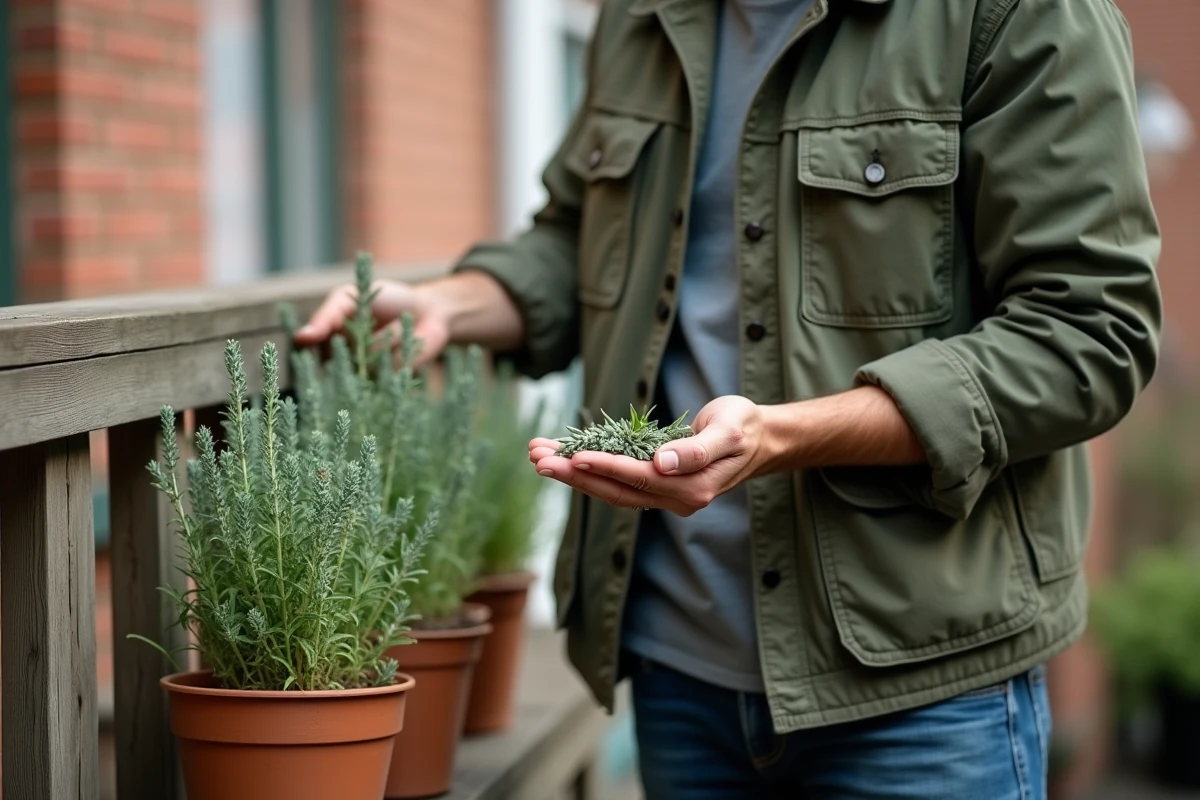 Homme examinant des tiges de sauge fraîchement taillées sur un balcon urbain avec pot en terre cuite et herbes aromatiques
