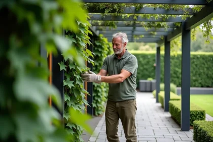 Homme d'âge moyen taillant une vigne de jasmin sur une pergola moderne