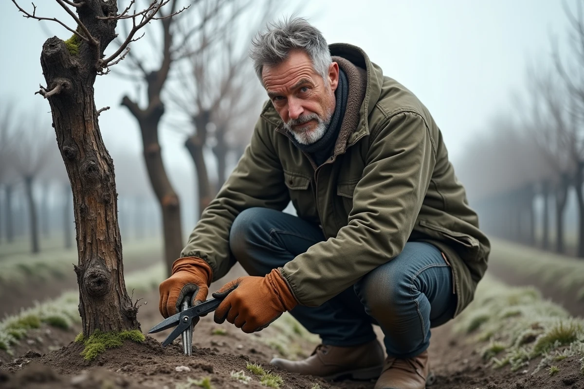 Vigneron en train de tailler une vigne dormante en hiver avec des sécateurs, dans un vignoble français sous un ciel gris givré