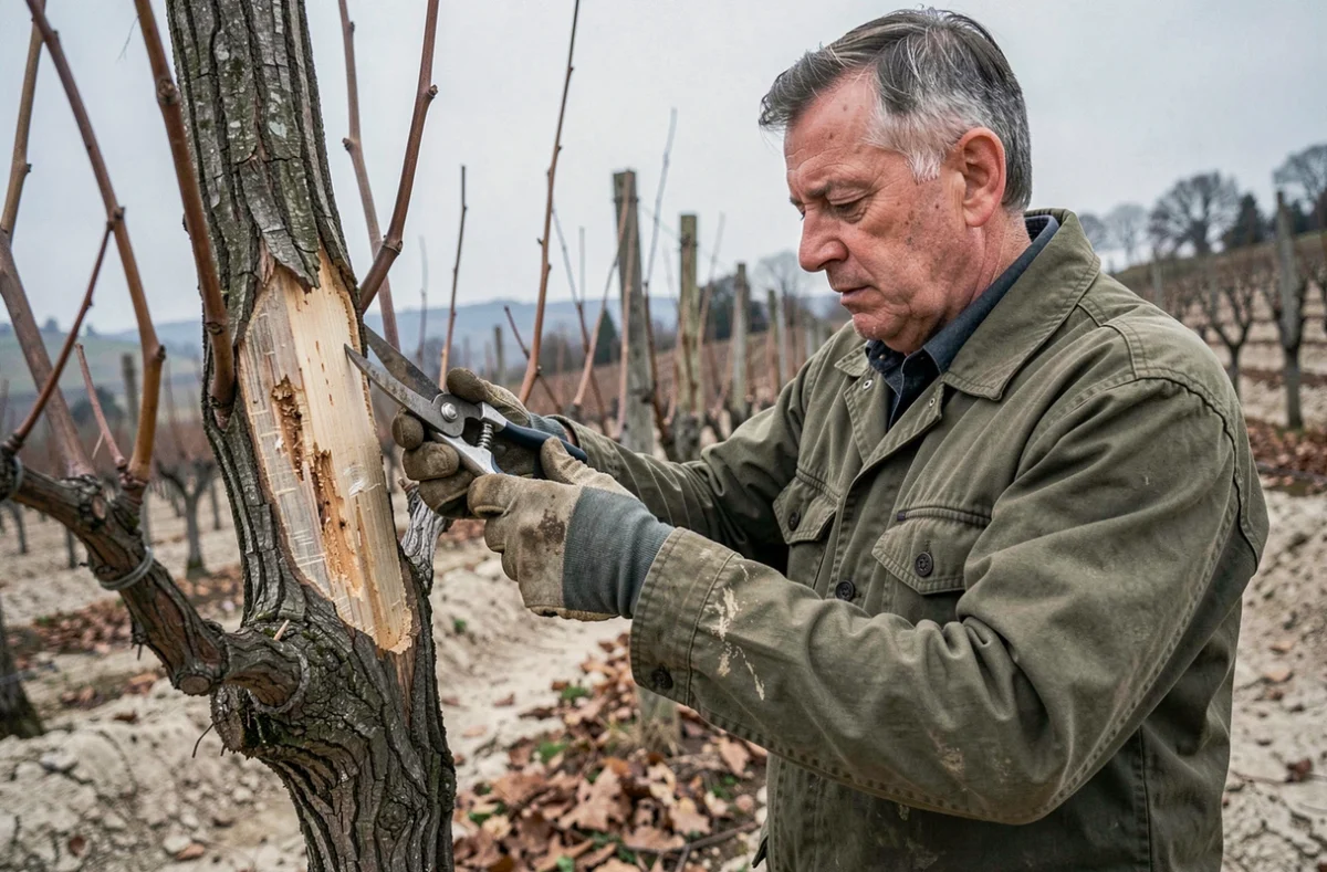 Vigneron taillant une vigne en hiver avec des sécateurs pour limiter les maladies du bois et le dépérissement du vignoble