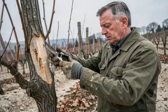Vigneron taillant une vigne en hiver avec des sécateurs pour limiter les maladies du bois et le dépérissement du vignoble