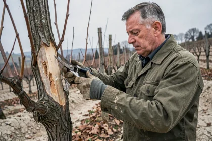 Vigneron taillant une vigne en hiver avec des sécateurs pour limiter les maladies du bois et le dépérissement du vignoble