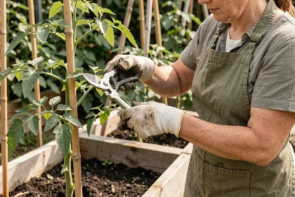 Femme jardinière taillant un plant de tomates avec un sécateur dans un potager ensoleillé